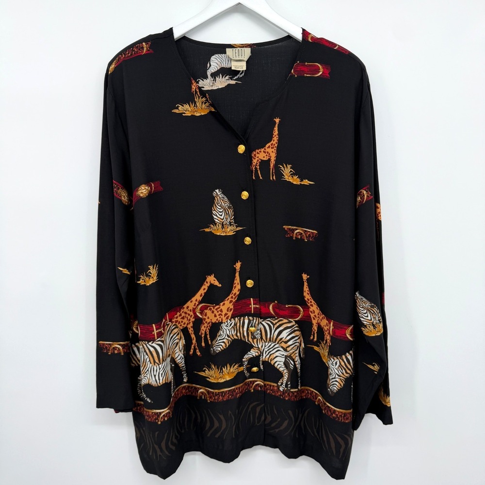 Vintage Teddi Tunic Top Shirt Size 2X Shoulder Pads Safari Print Jungle Resort
